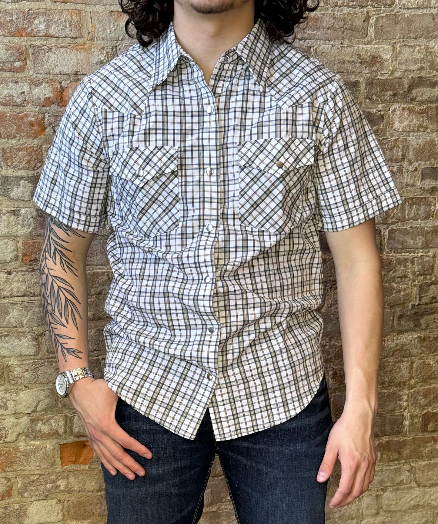 Black and Tan Plaid Metal Snap Shirt