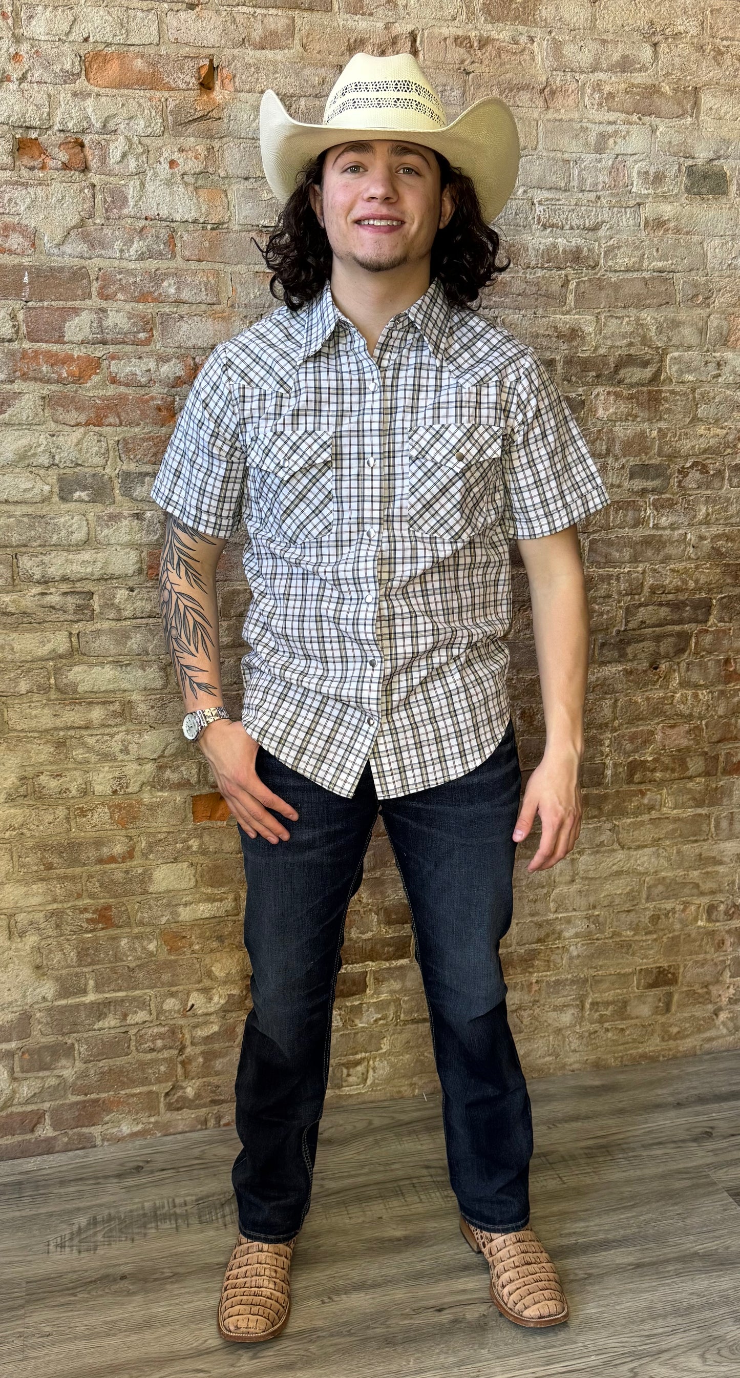 Black and Tan Plaid Metal Snap Shirt