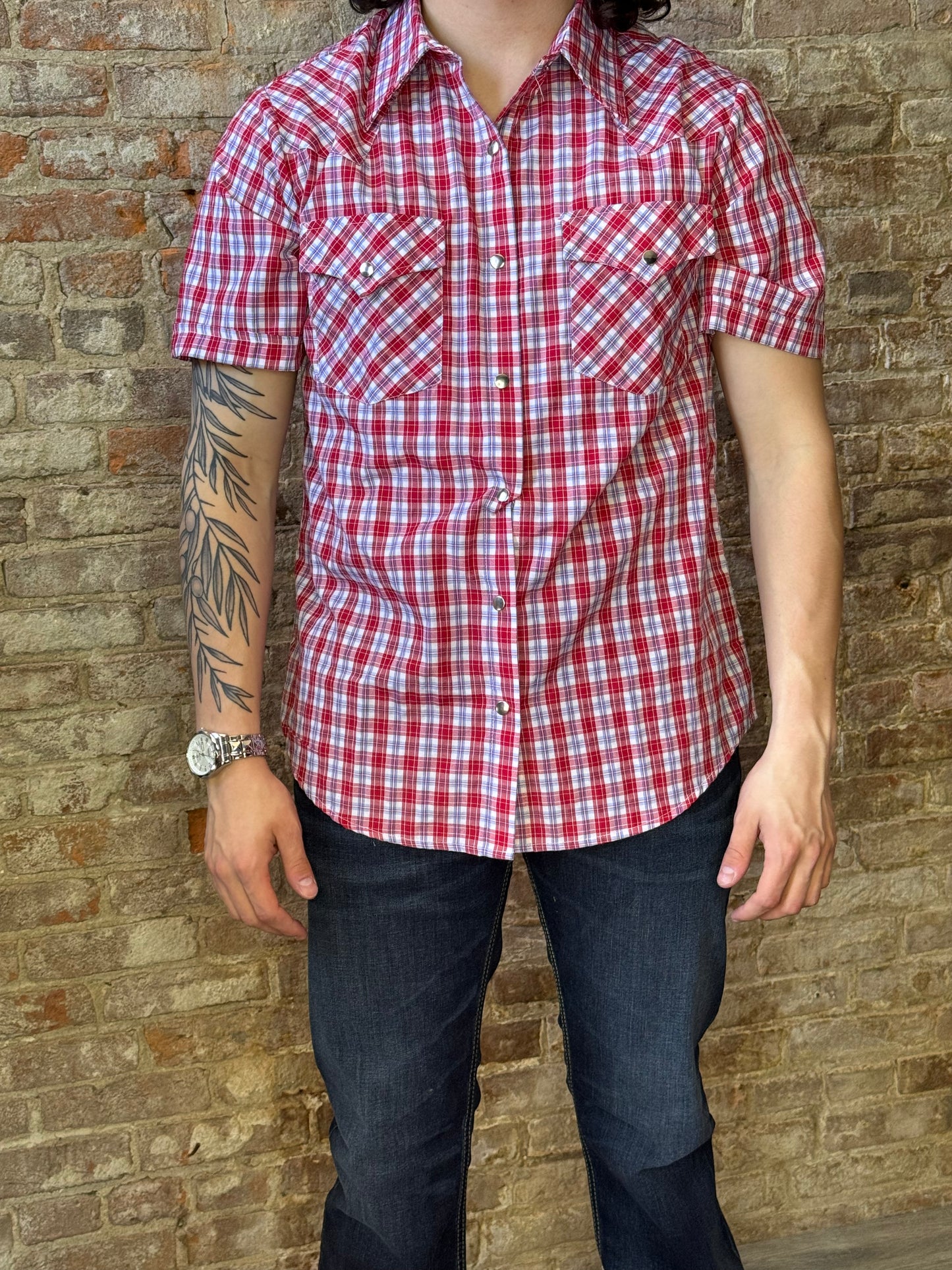 Red Plaid Metal Snap Shirt