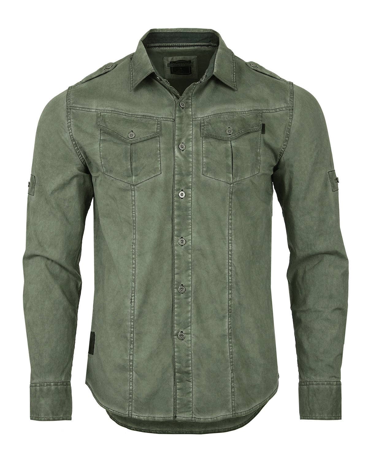 Olive Green Vintage Wash Rugged Button Up Shirt