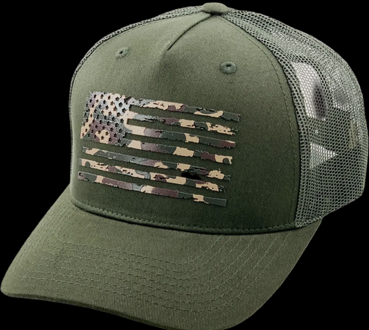American Camo Flag UV Print Mesh Back Hat ~ Olive