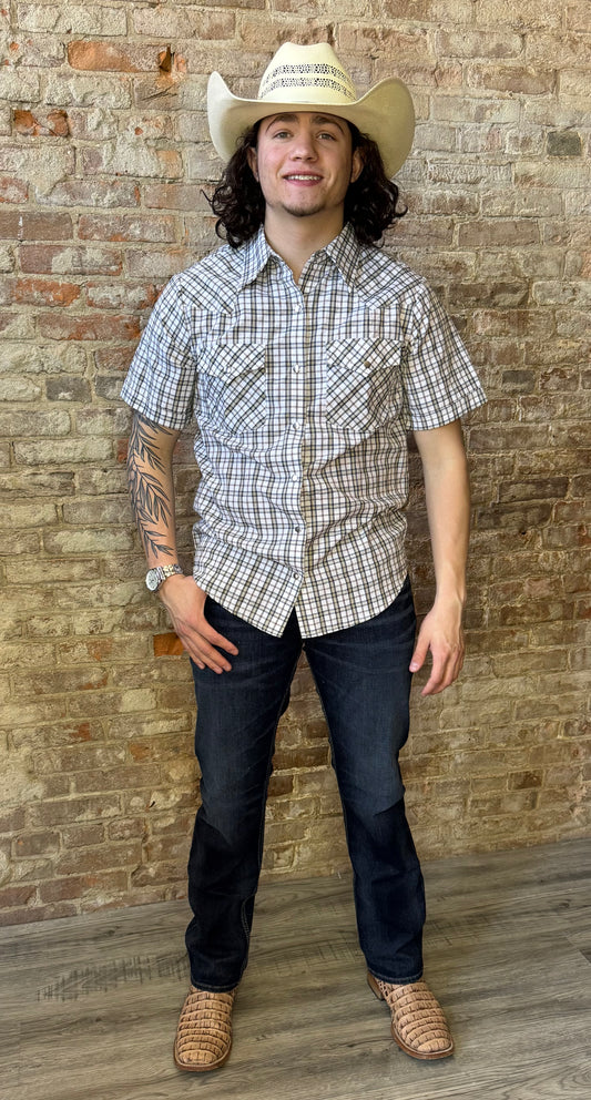 Black and Tan  Plaid Metal Snap Shirt