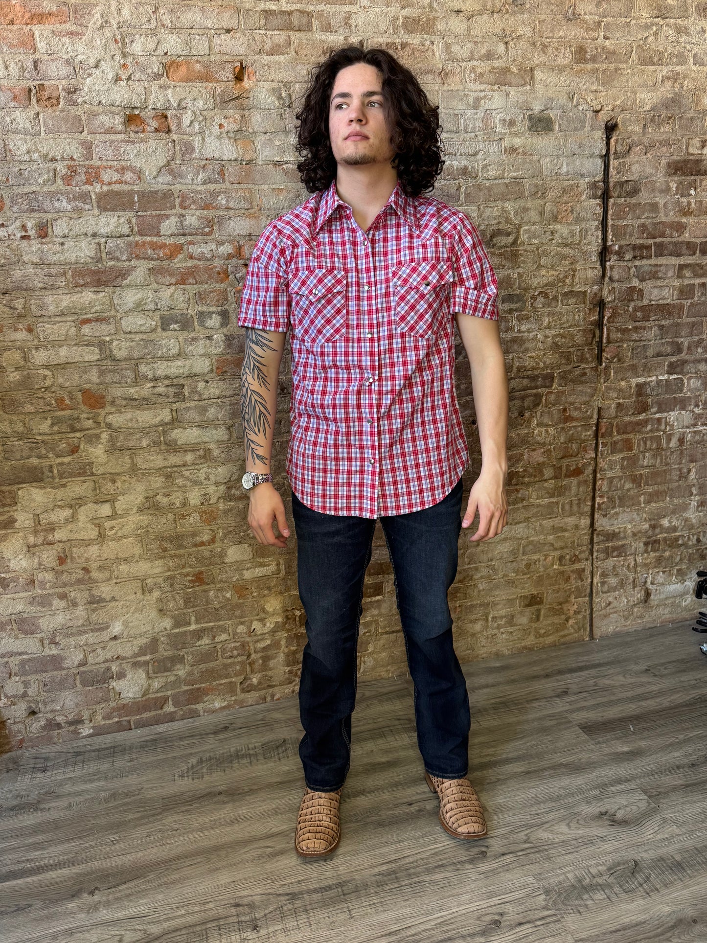 Red Plaid Metal Snap Shirt