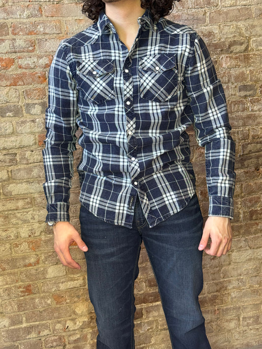 Navy & White Denim Long Sleeved with Pearl Snaps